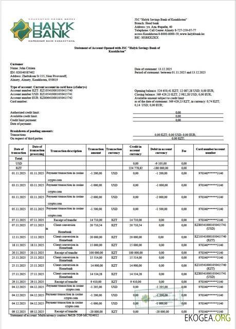 Modèle Word et PDF de relevé de compte de la Kazakhstan Halyk Bank